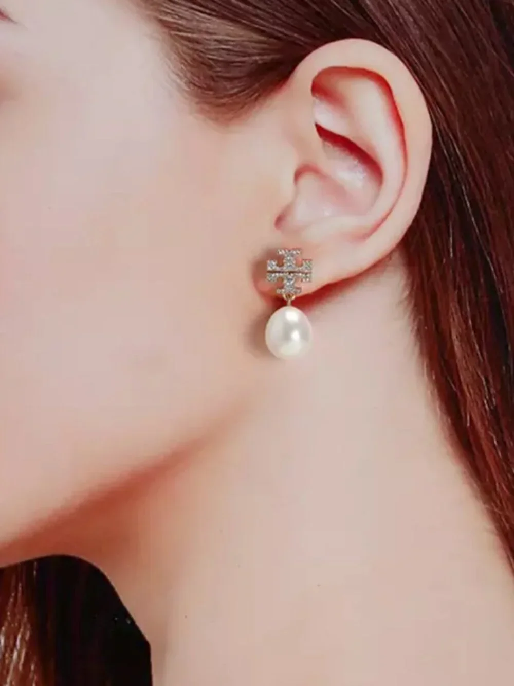 Tory Burch Logo Pearl Drop Earrings Gold Tone Statement Earrings